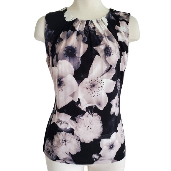 Calvin Klein Dark Floral Pleated Top Sleeveless Blouse Great for Under Suit - Picture 1 of 11